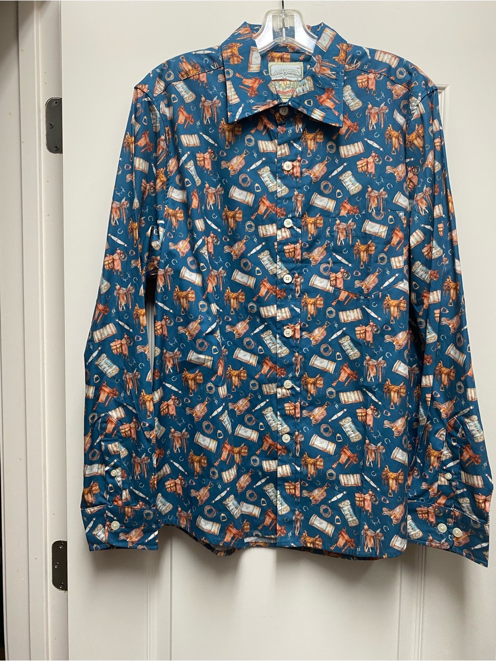 Men's Teal Western Print Button-Down Shirt